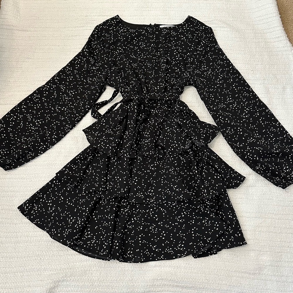 Women’s Long Sleeve Black Dress with White Dot Detail Medium